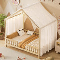 Bellemave Full House BedFrame with Canopy, Montessori Floor Bed, House Bed with Rails for Kids, Natural