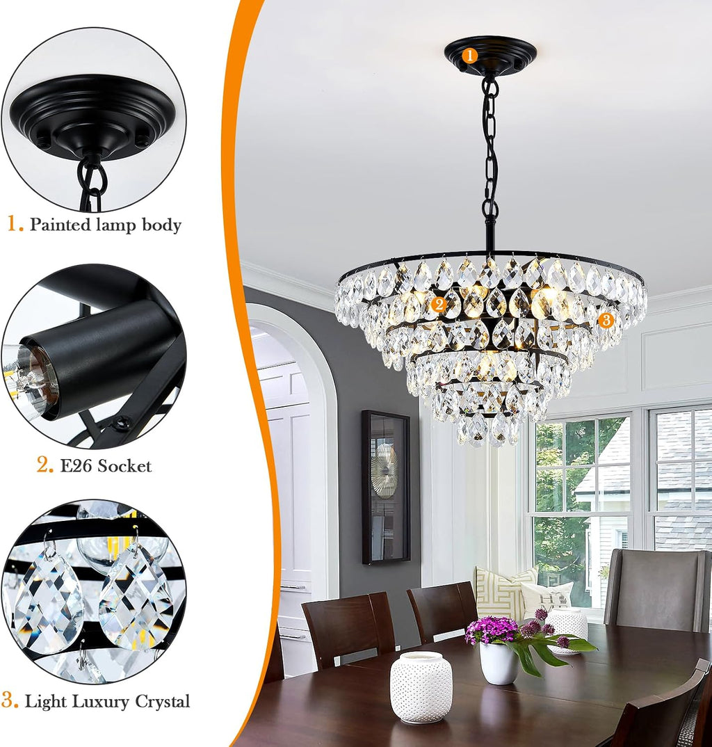 YYJLX Modern Crystal Chandelier 7 Light 20' Raindrop Black Ceiling Chandelier Adjustable Hanging Light Fixture for Dining Room Foyer Entryway Staircase Living Room