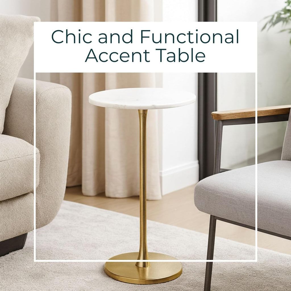 Glam End Table, Side Table, or Small Night Stand for Home Decor – Bold Metal Table with Luxurious Round Marble Top Ideal for Office, Bedroom, or Living Room – Sturdy Table for Small Spaces – 24' Gold