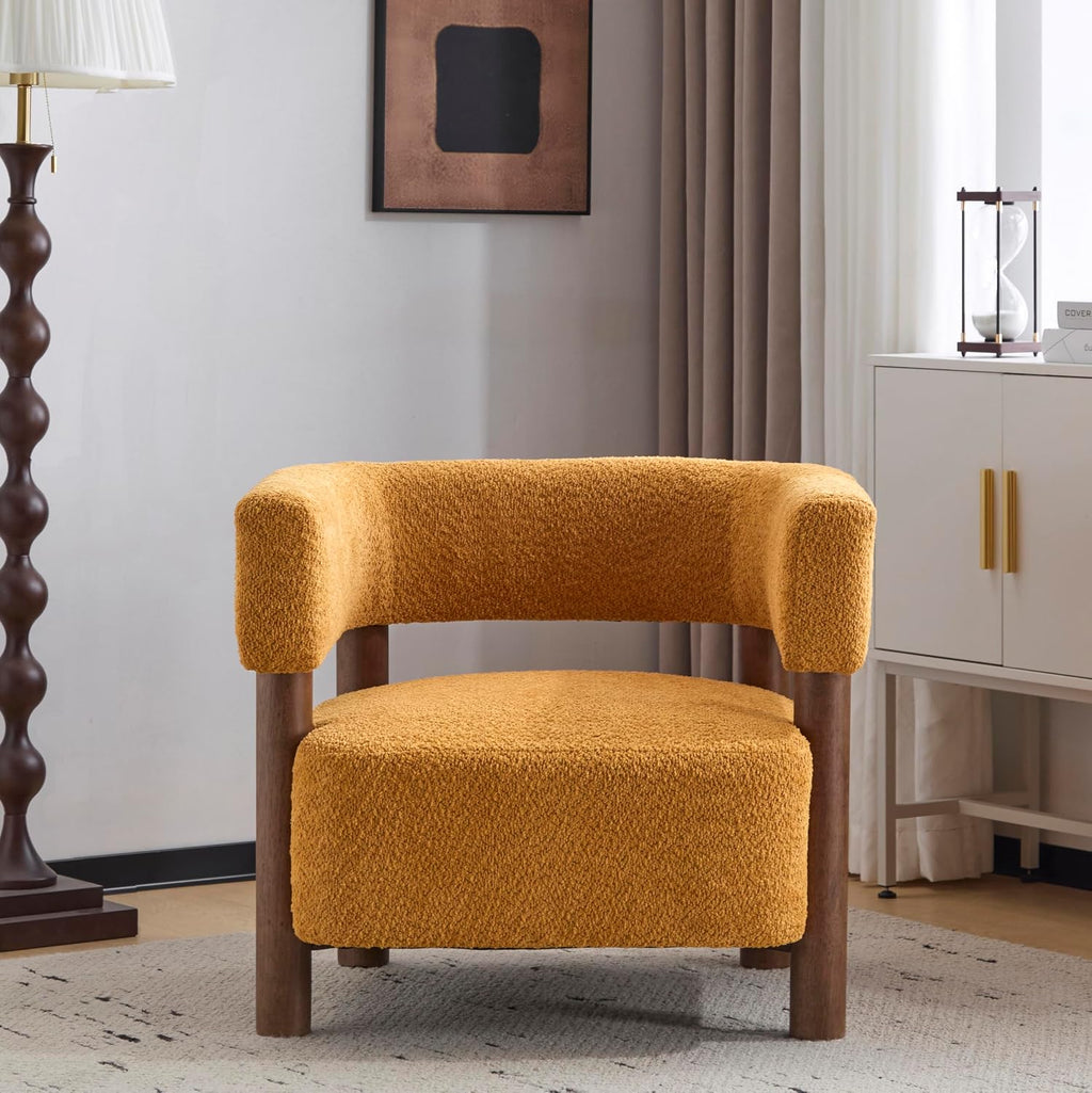 Christopher Knight Home Carly Low Profile Accent Chair, Round Backrest Side Chair, Living Room Armchair with Boucle Fabric Cushion, Comfy Reading Chair for Bedroom, Wooden Single Lounge Sofa, Yellow