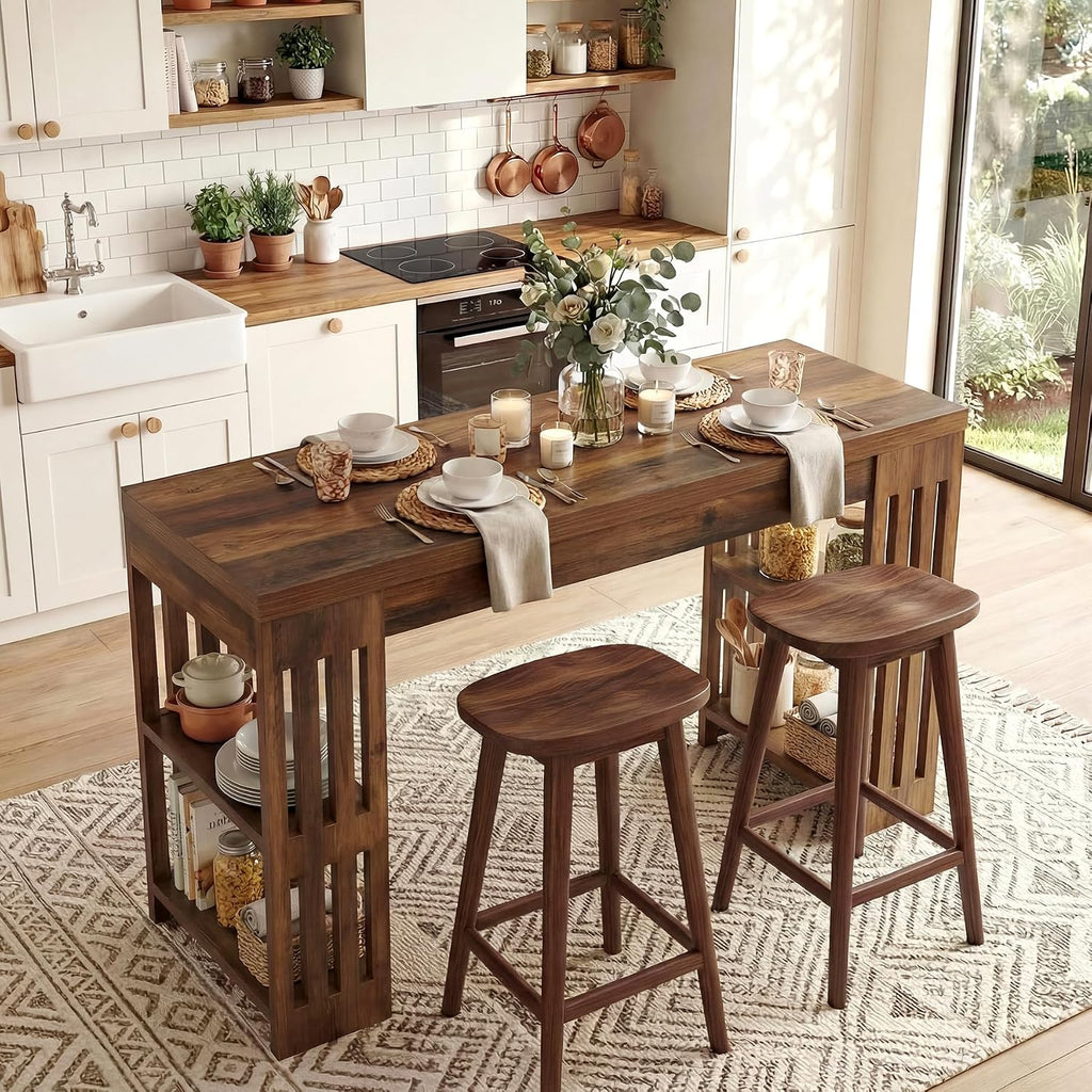 LITTLE TREE Bar Table, 63 Inch Wooden Bistro Table, Large Home Bar Unit with Wine Rack, Pub Table with Storage Shelves for Dining Room, Living Room, Kitchen Room, Brown