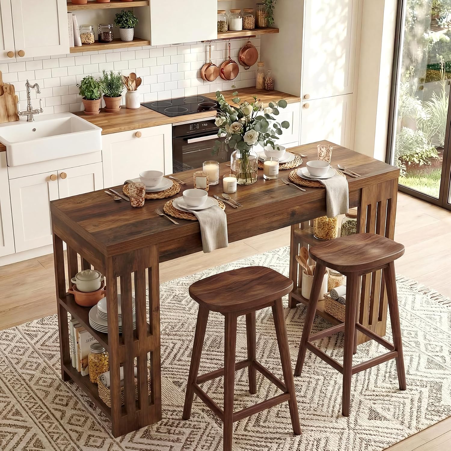 LITTLE TREE Bar Table, 63 Inch Wooden Bistro Table, Large Home Bar Unit with Wine Rack, Pub Table with Storage Shelves for Dining Room, Living Room, Kitchen Room, Brown