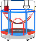 BLUERISE 60' Trampoline for Kids 5FT Toddler Trampolines Indoor/Outdoor with Adjustable Gymnastics Bar & Safety Net, No-Gap Design, Anti-Rollover Bottom, Basketball Hoop, Gifts for Boys & Girls