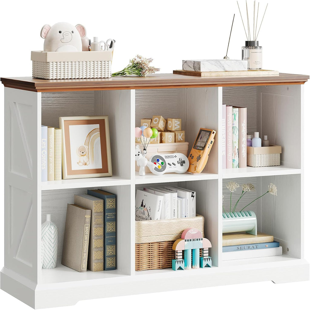 IRONCK 6 Cube Storage Organizer, Wooden Cube Shelf with Storage, Farmhouse Bookcase for Bedroom, Living Room and Home Office, White