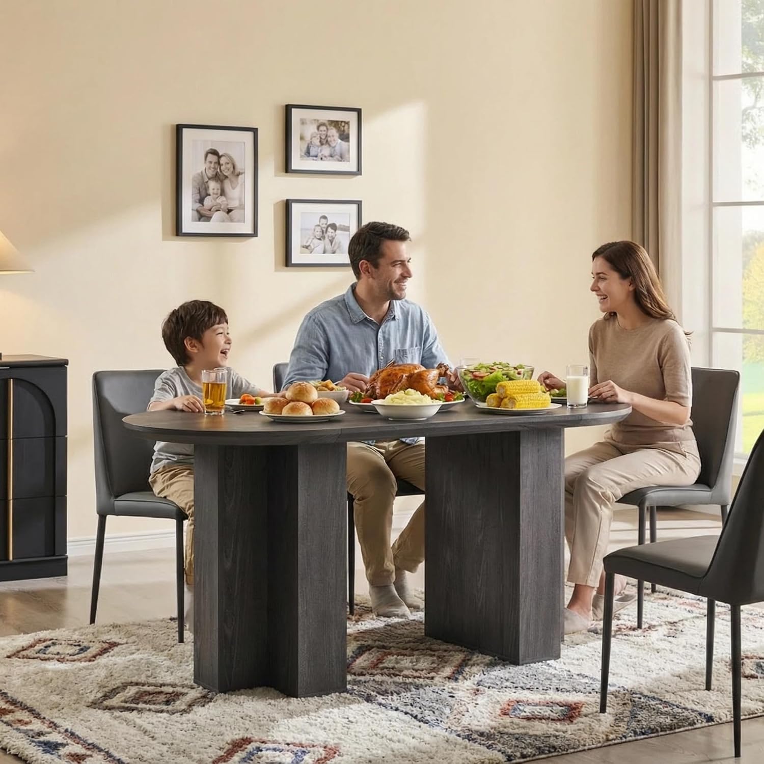 OKD 63 Inch Modern Wood Oval Dining Table for 4-6, Dining Room Table with Stable T-Shaped Base & Metal Frame & Thick Tabletop, Sturdy Kitchen Table for Dinner Room, Kitchen, Gathering, Dark Alder