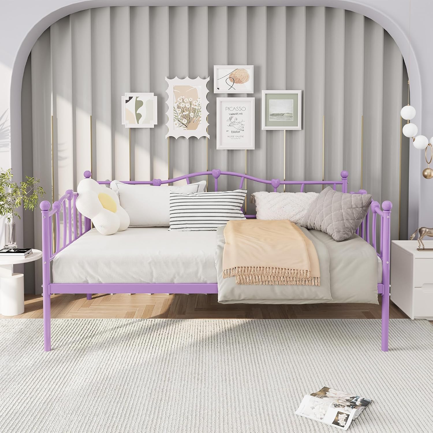 GarveeHome Twin Size Daybed Frame, Sofa Bed with Stylish Headboard, Heavy Duty Steel Slat Support, Space Saving for Living Room/Bedroom/Guest Room, Purple