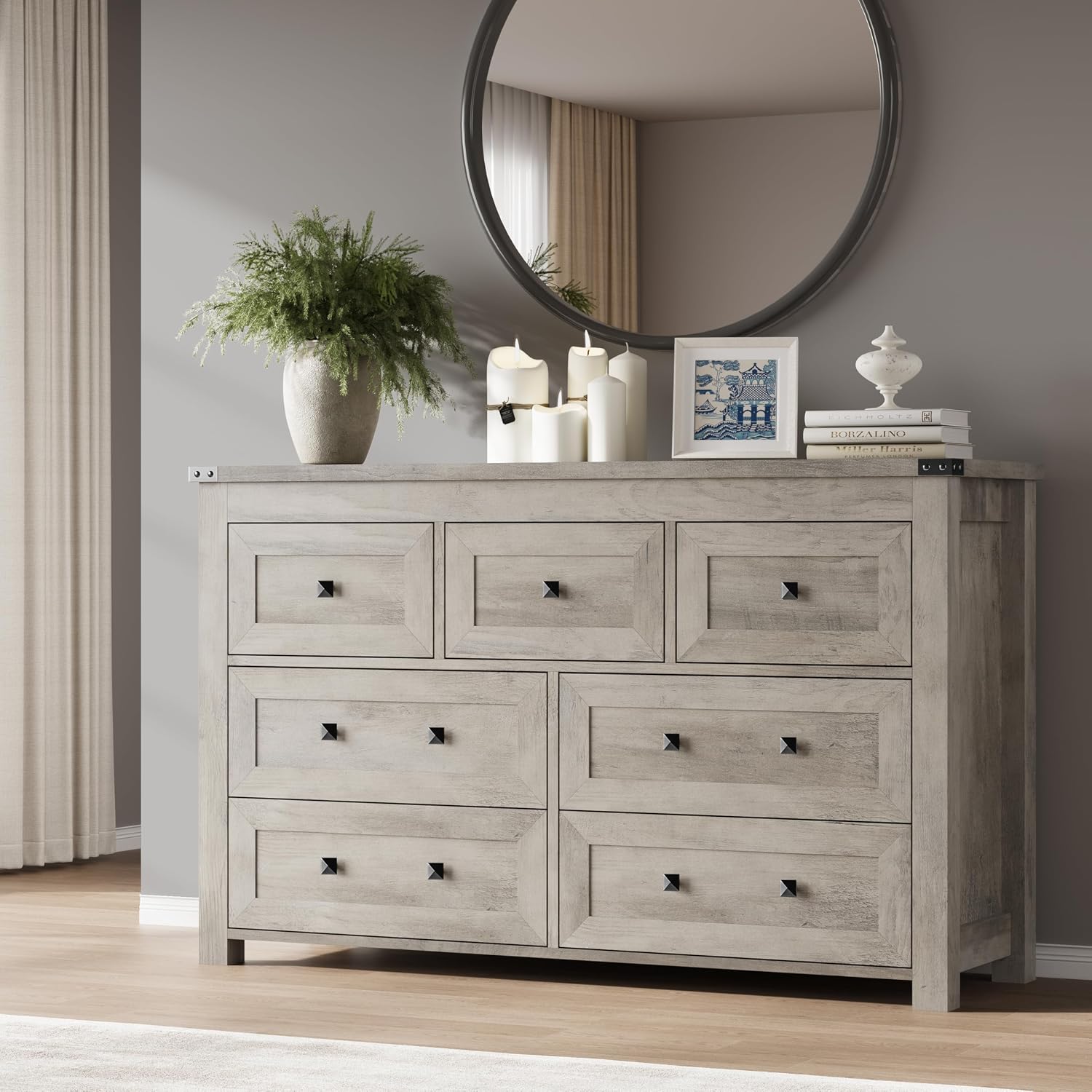 BORNOON 7-Drawer Dresser, Modern Wooden Storage Chest of Drawers, Dresser TV Stand, Wood Drawer Organizer with Metal Handles for Bedroom, Living Room, Hallway