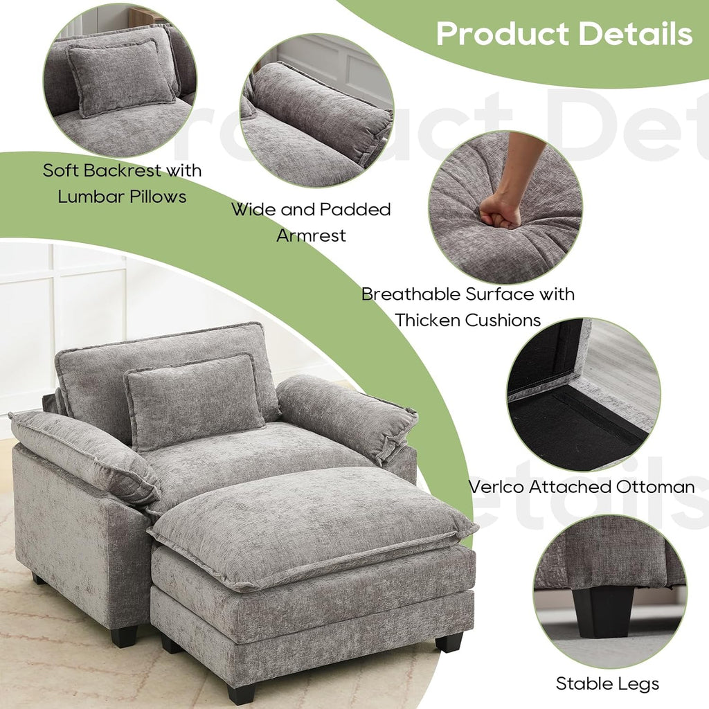 Oprisen 53' Modular Sectional Sofa, Comfy Cloud Couch Sectional Sofa with Ottoman, Chenille Sofa Sleeper Deep Seat Sofa with Throw Pillows for Living Room (Light Gray)