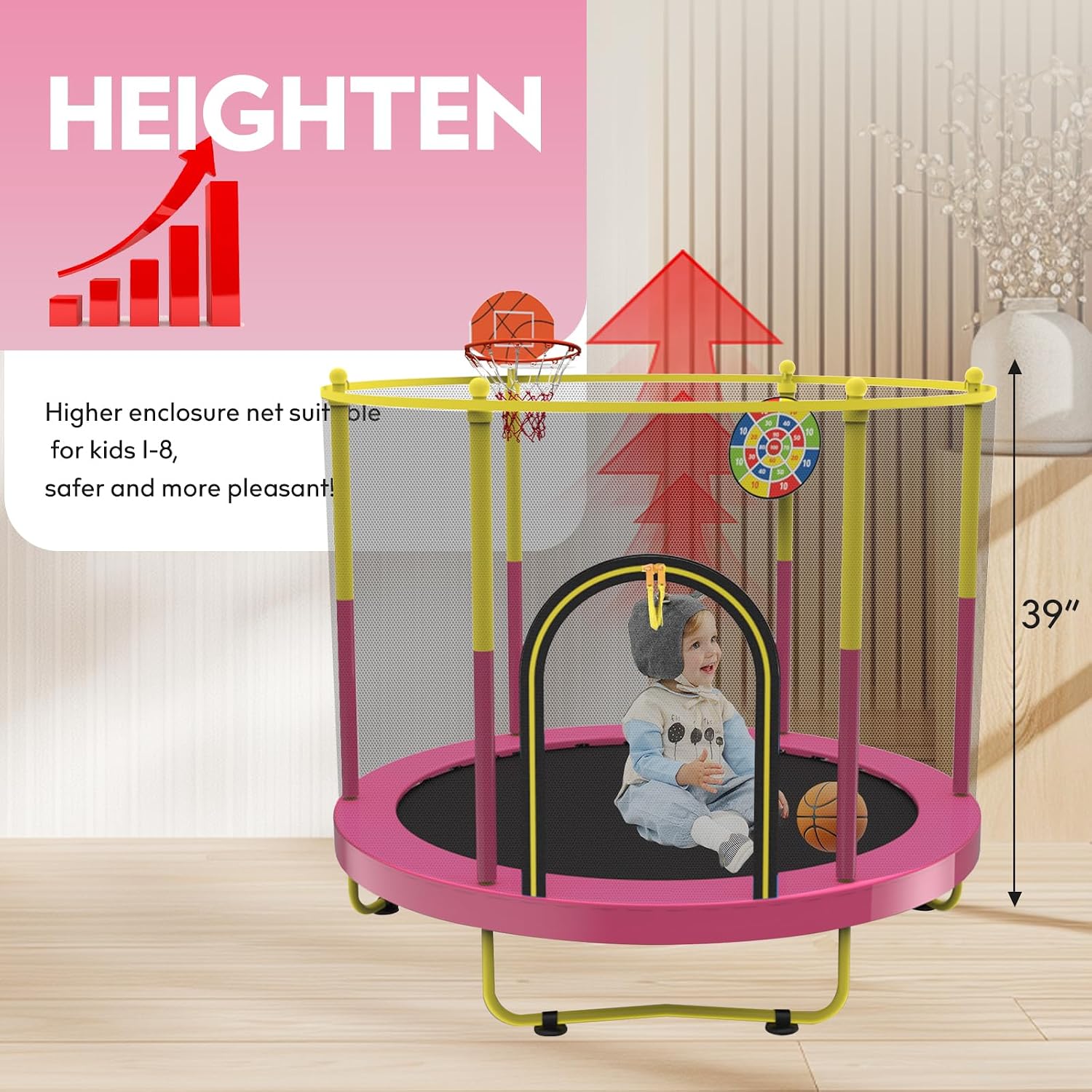 72' Trampoline for Kids with Net,6 FT Indoor & Outdoor Small Toddler Trampoline with Basketball Hoop & Dart Board for Ages 1-8, Birthday Gifts for Boys & Girls, Baby Toddler Christmas Toys