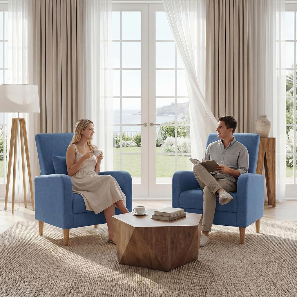 COLAMY Mid-Century Modern Upholstered Accent Chair with Back Pillow & Solid Wood Legs, Fabric Cozy Armchair for Living Room, Bedroom, Reading Nook, Apartment & Small Spaces, Blue