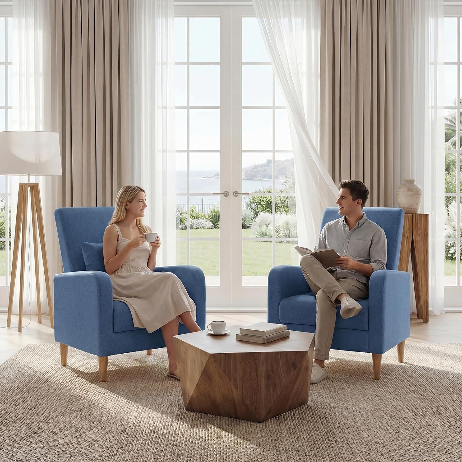 COLAMY Mid-Century Modern Upholstered Accent Chair with Back Pillow & Solid Wood Legs, Fabric Cozy Armchair for Living Room, Bedroom, Reading Nook, Apartment & Small Spaces, Blue