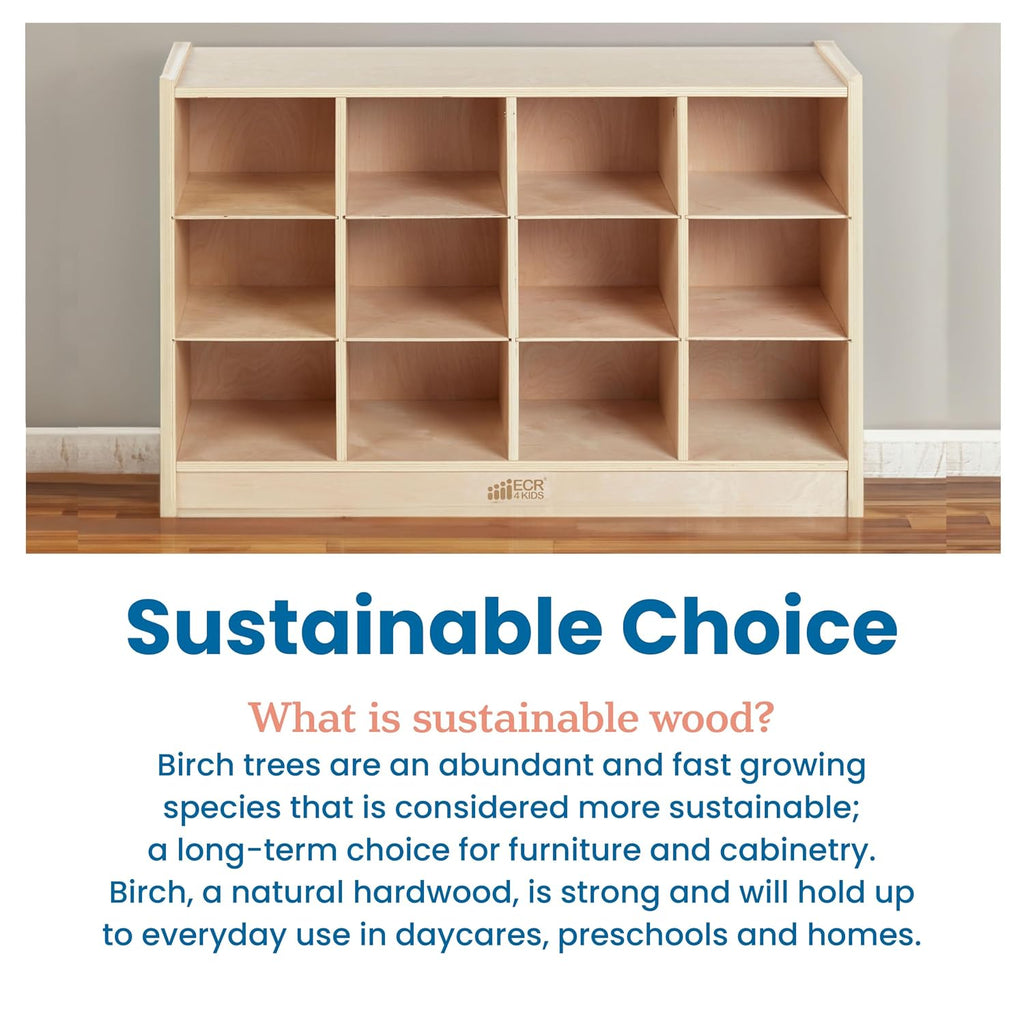 ECR4Kids 12 Cubby Mobile Tray Storage Cabinet, 3x4, Classroom Furniture, Natural