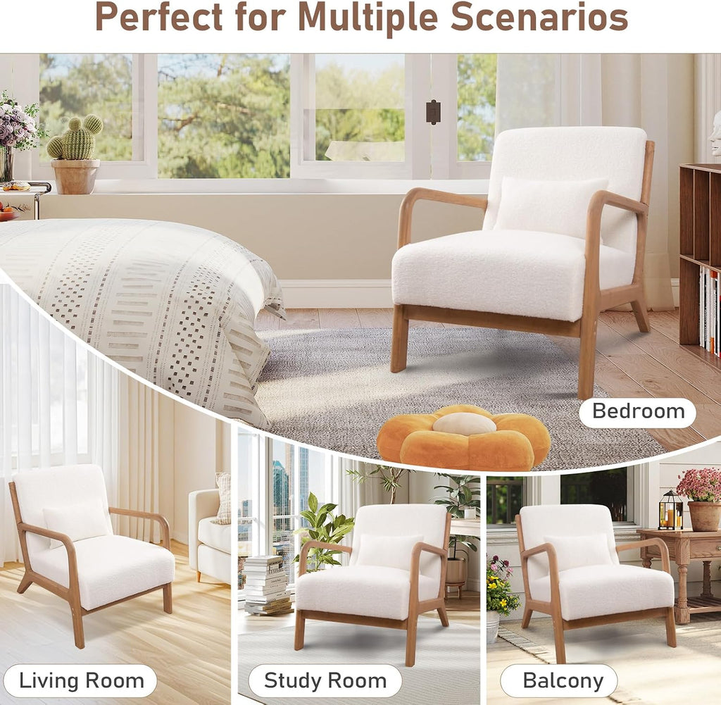 ANJ Mid Century Modern Accent Chair Set of 2, Single Boucle Lounge Reading Armchair with Solid Wood Frame, Easy Assembly Arm Chairs for Living Room, White
