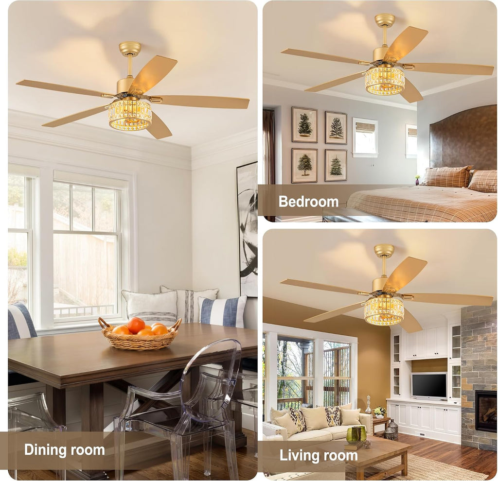 Chandelier Ceiling Fans with Lights and Remote,Caged Ceiling Fan with Light,App 5 Blades E26 Fandelier Ceiling Fans with Lights,Crystal Ceiling Fan for Bedroom,Living Room. (Gold, 52 Inch)