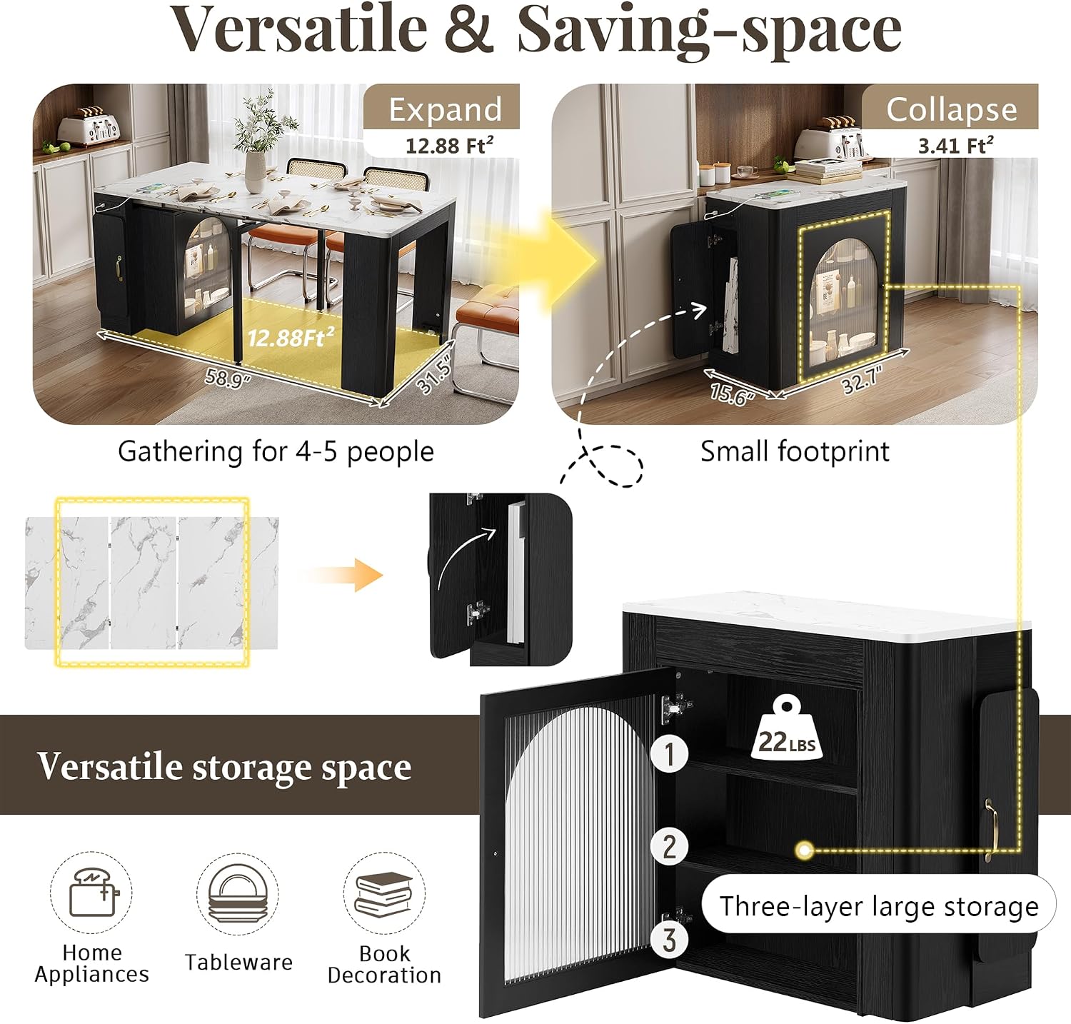 15.6' - 59' Extendable Dining Table, Mobile Kitchen Island with Storage Cabinet, Power Outlet and LED Lights, Space-Saving Dining Table for Small Spaces, Black and Marble White
