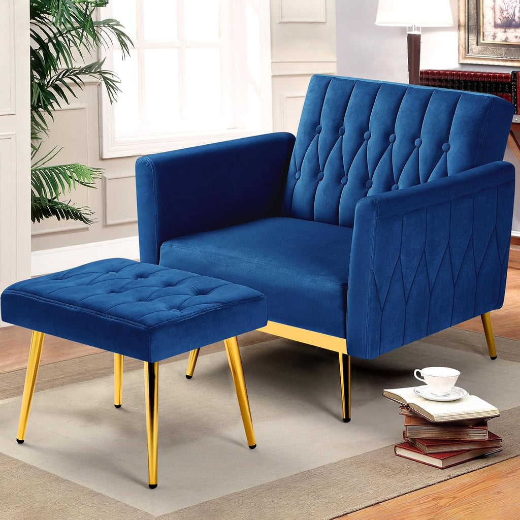 Velvet Accent Chair with Adjustable Armrests and Backrest, Button Tufted Lounge Chair, Single Recliner Armchair with Ottoman and Pillow for Living Room, Bedroom, Blue