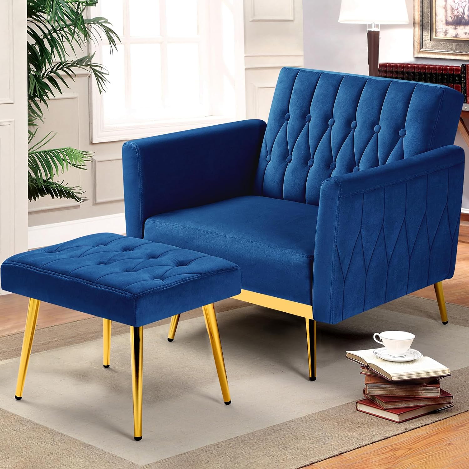 Velvet Accent Chair with Adjustable Armrests and Backrest, Button Tufted Lounge Chair, Single Recliner Armchair with Ottoman and Pillow for Living Room, Bedroom, Blue