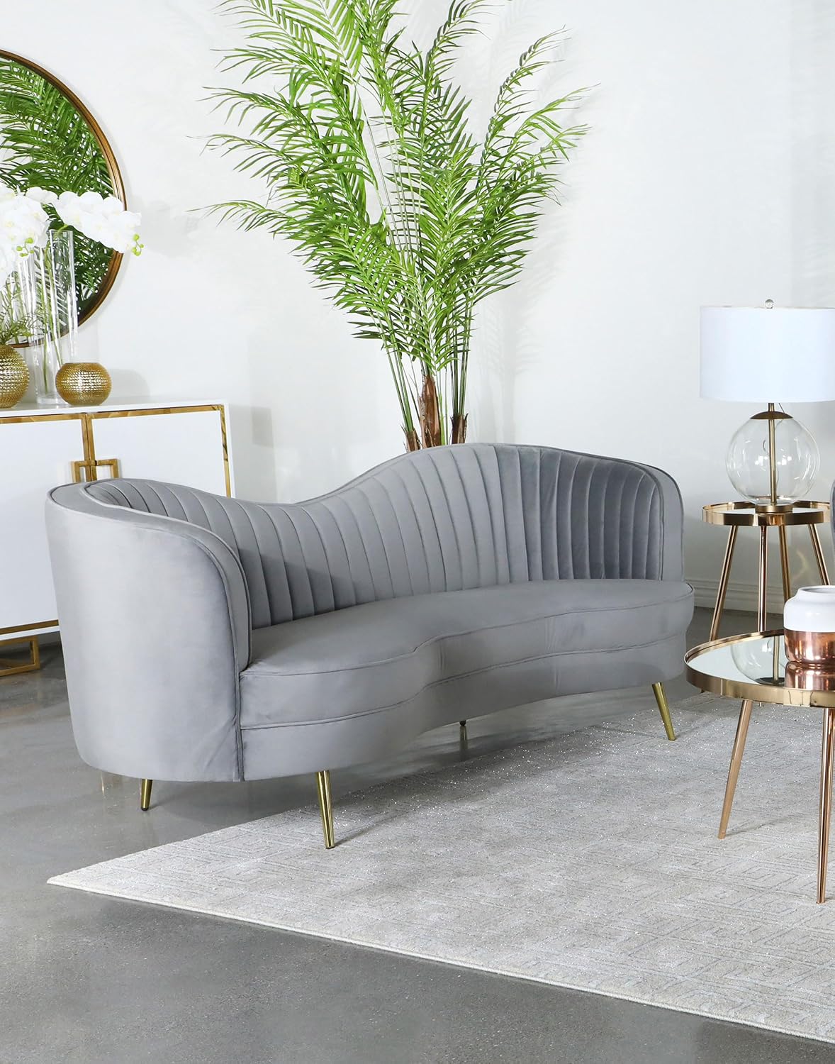 Coaster Home Furnishings - Sophia - Velvet Fabric Upholstered Channel Tufted Stationary Sofa with Inverted Camel Back - Contemporary - Living Room - Gray - 506864