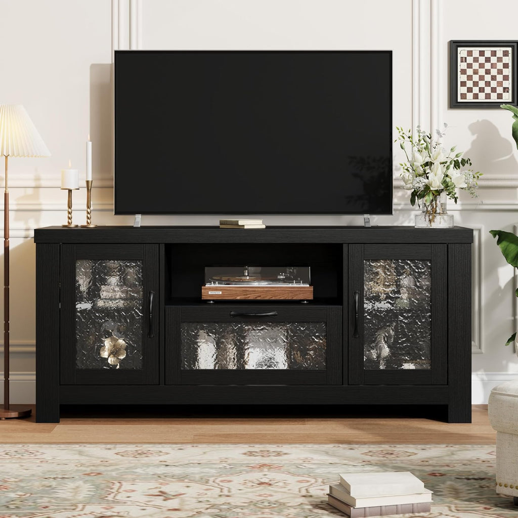 Farmhouse TV Stand for TVs up to 60 Inch, Wood Entertainment Center with Acrylic Door Storage Cabinets, Adjustable Shelves, Sturdy TV Console Table for Living Room Bedroom, Black