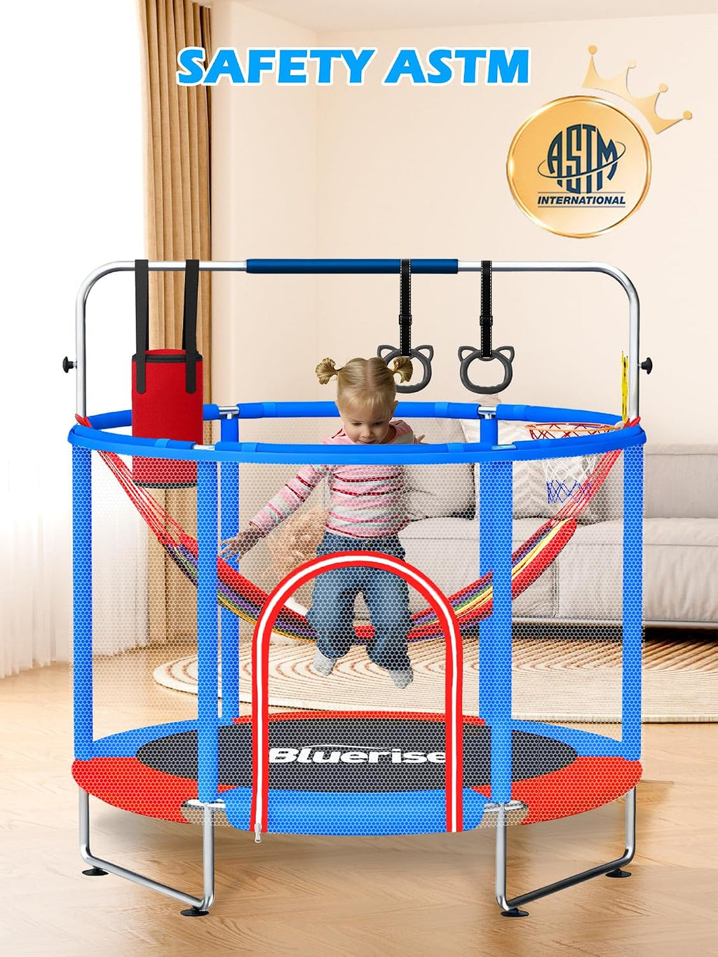 BLUERISE 55IN 6FT Toddler Trampoline for Kids Indoor Outdoor Play for Kids Trampoline Basketball Hoop Attachment with Enclosure Net Easy to Assemble