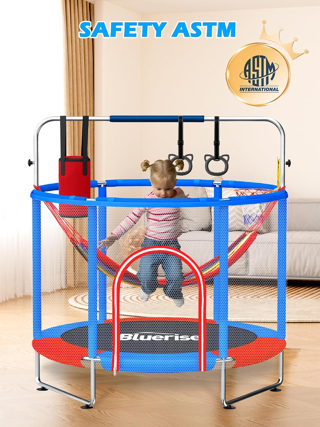BLUERISE 55IN 6FT Toddler Trampoline for Kids Indoor Outdoor Play for Kids Trampoline Basketball Hoop Attachment with Enclosure Net Easy to Assemble