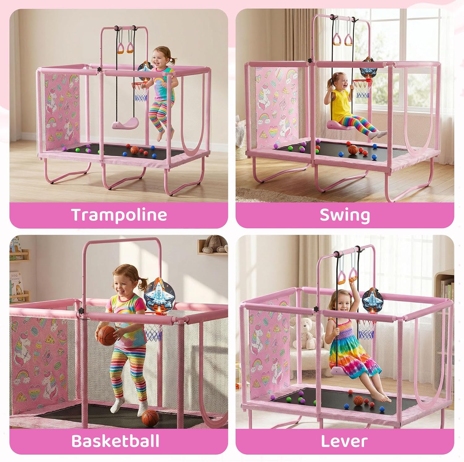 Mini Toddler Indoor Trampoline for Kids, Outdoor Toys Baby Kids Trampoline with Swing, Gymnastics Bar, Birthday Gifts for Boy Girl Age 1-8