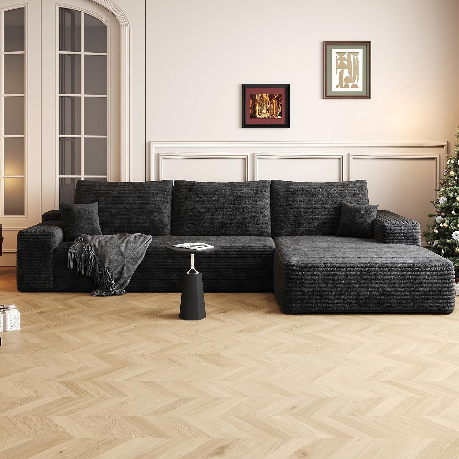 Eafurn Oversized L Shape Modular Sectional Sofa with Right Facing Chaise Lounge,Wide Deep Seat Compressed Corner Couch,Minimalist Corduroy Upholstered Boneless Lounge Sofa Couch