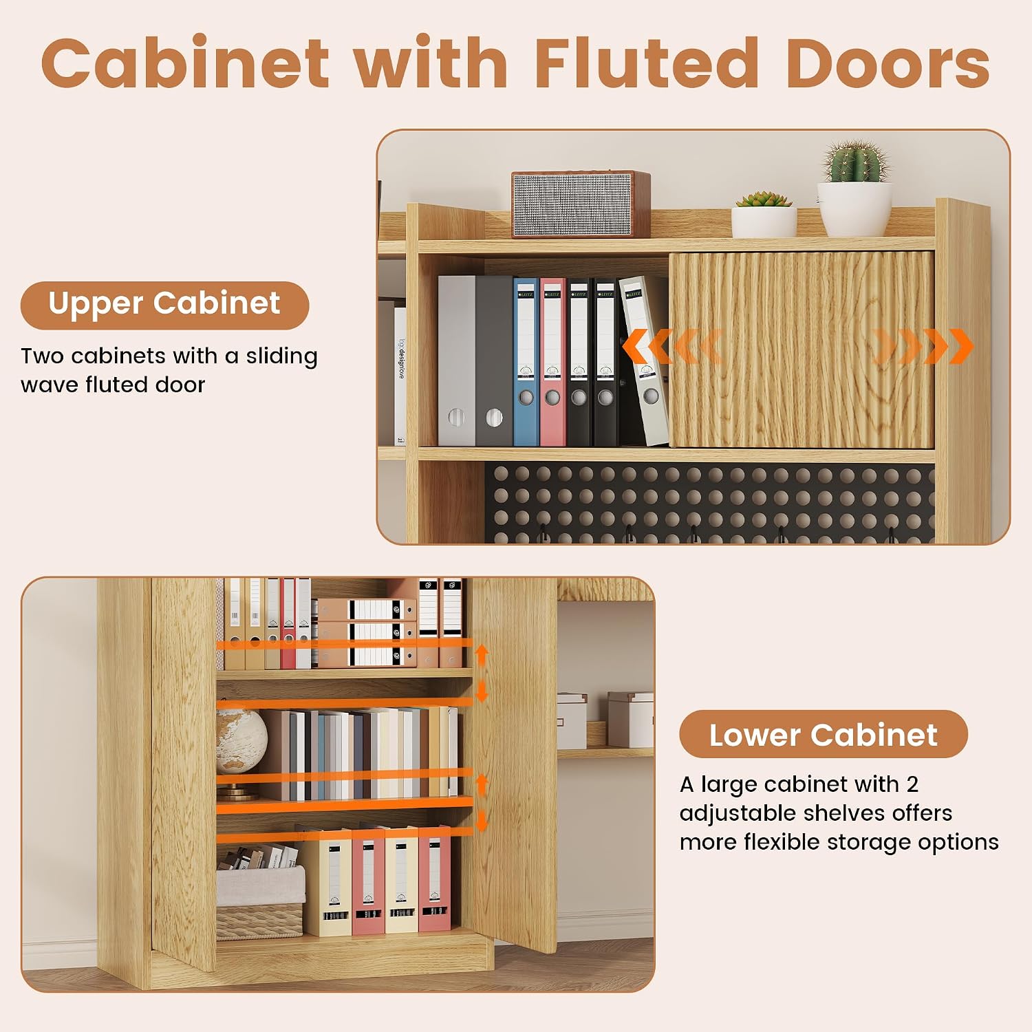 kepptory 63' Tall Computer Desk with Hutch, Fluted Wood Home Office Desk with Charging Station, Drawer & Storage Cabinet, Oak Workstation for Work & Study