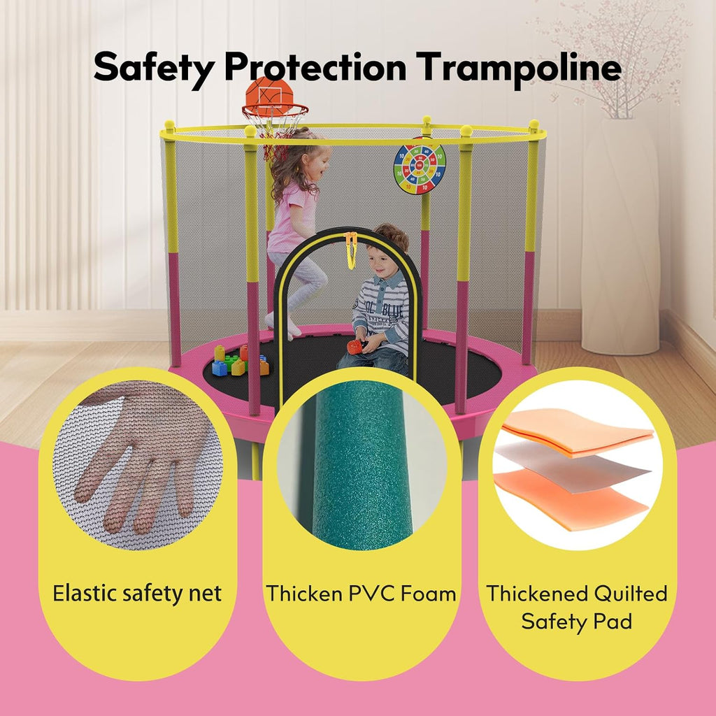 72' Trampoline for Kids with Net,6 FT Indoor & Outdoor Small Toddler Trampoline with Basketball Hoop & Dart Board for Ages 1-8, Birthday Gifts for Boys & Girls, Baby Toddler Christmas Toys