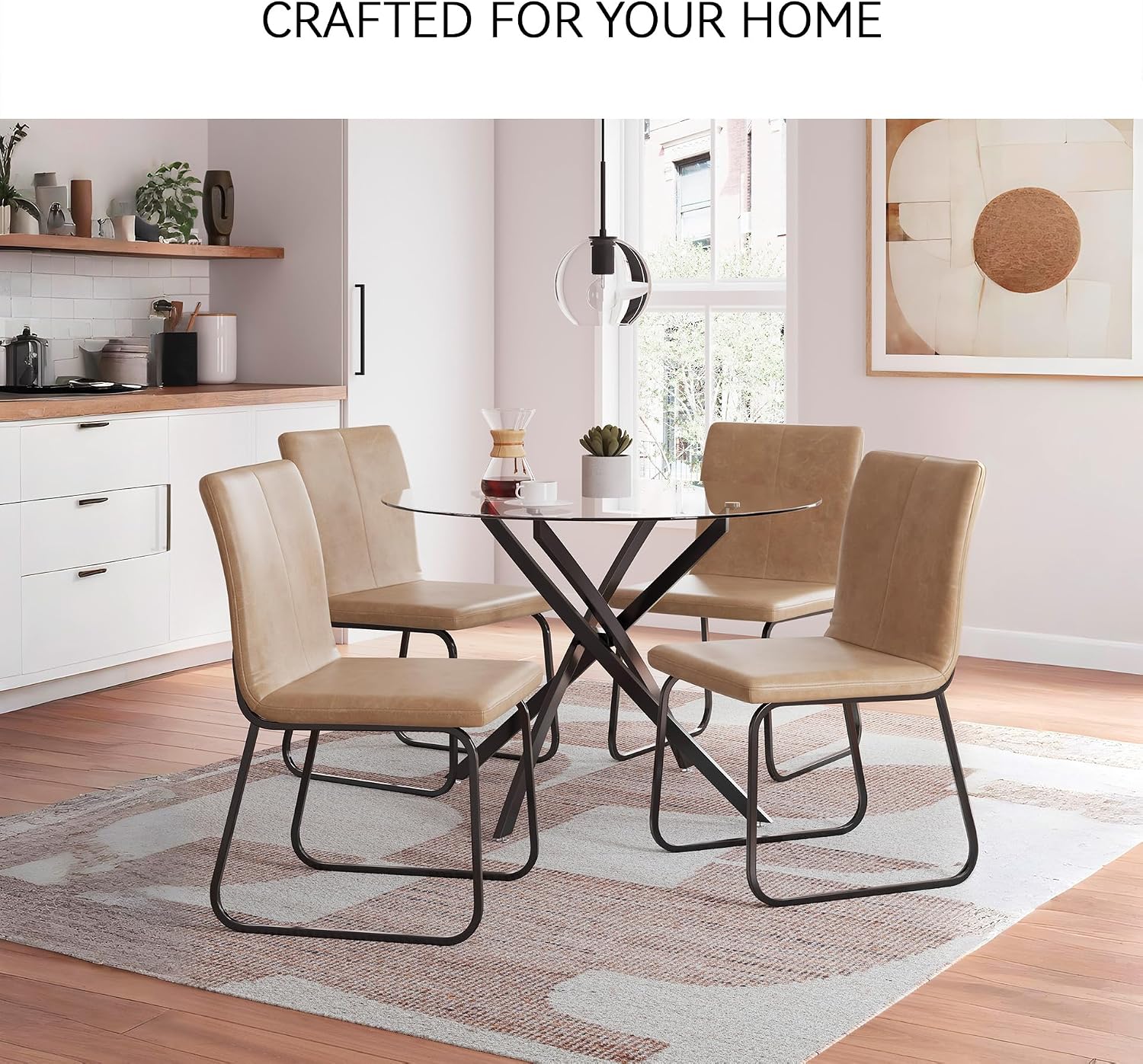 Signature Design by Ashley Pharwynn Casual Indoor Faux Leather Upholstered Armless Dining Chair with Sled Base, Set of 4, Light Brown & Black