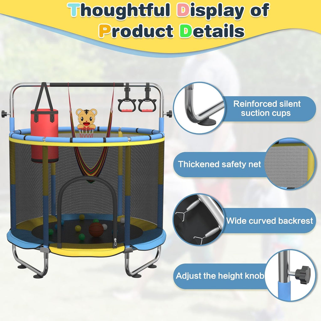 60' Trampoline for Kids, 500lbs Capacity Indoor Outdoor Toddler Trampoline with Adjustable Gymnastics Bar, Gifts for Boy Girl Age 1-8