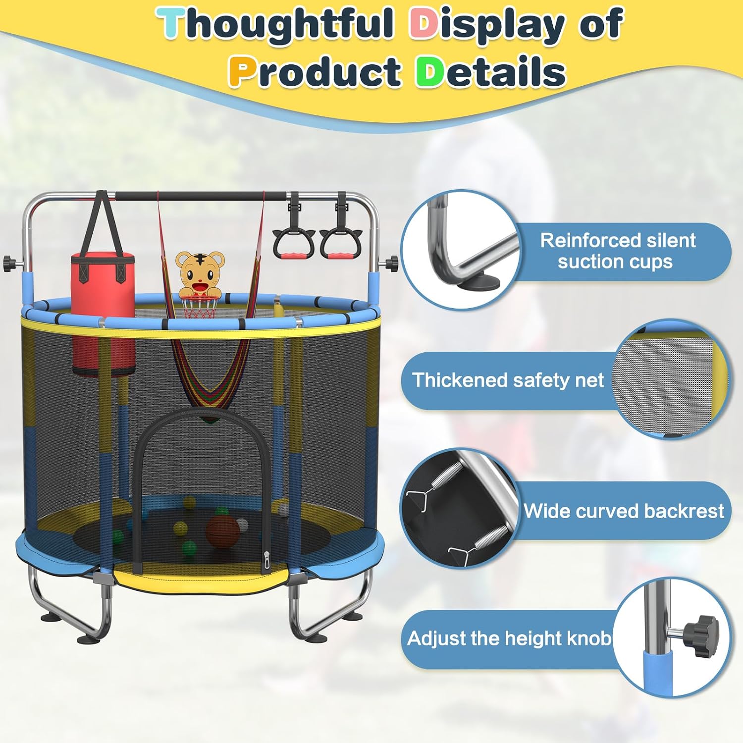 60' Trampoline for Kids, 500lbs Capacity Indoor Outdoor Toddler Trampoline with Adjustable Gymnastics Bar, Gifts for Boy Girl Age 1-8