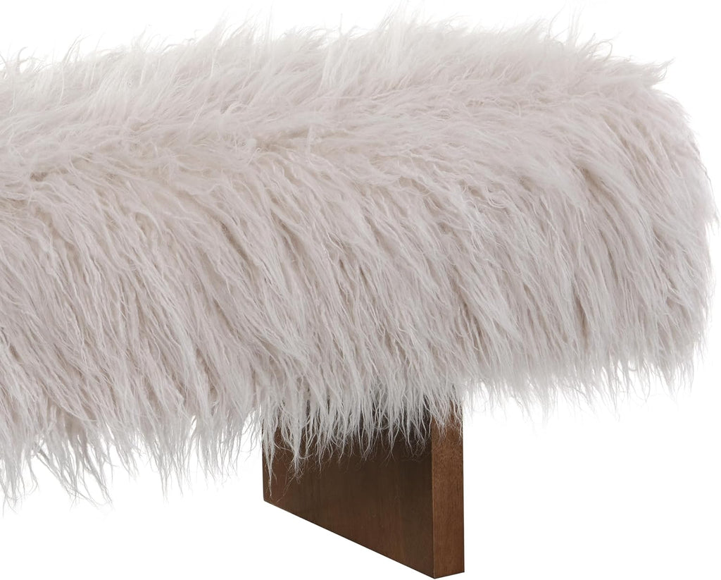 Christopher Knight Home Lenka 67' Long-haired Faux Wool Bedroom Bench, Rubberwood Ottoman Bench, Spacious Seating, Long Footstool for Living Room, Luxury Entryway Bench, Brown+Beige