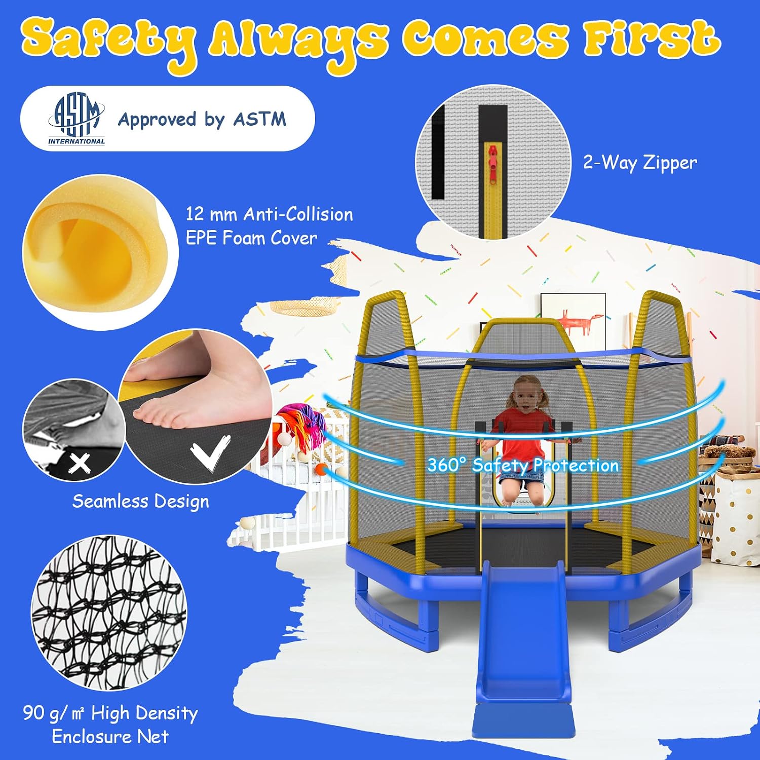 Giantex 7 FT Kids Trampoline with Ladder, Slide, Ocean Balls, ASTM Approved Recreational Trampoline with Net, Spring Cover