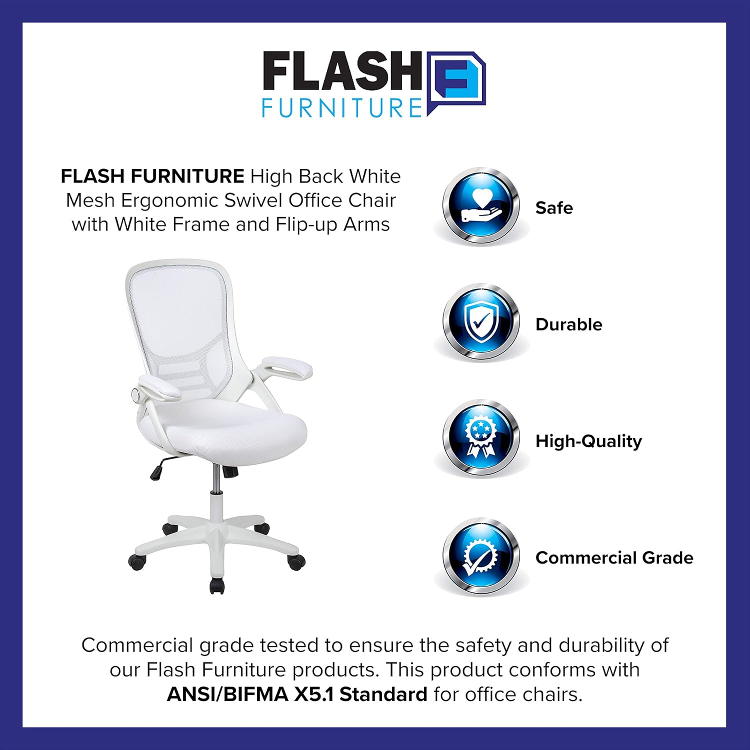 Flash Furniture Porter High-Back Swivel Office Chair with Adjustable Lumbar Support and Height, Ergonomic Mesh Desk Chair with Flip-Up Armrests, White