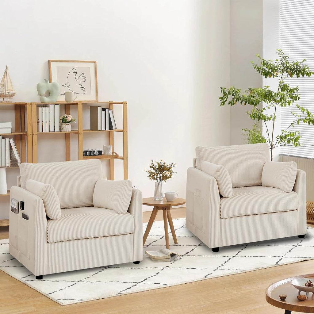 Mofolit Accent Chair Set of 2 Living Room Chairs in Corduroy Fabric,Reading Chair Sofa couches for Apartment Bedroom and Small Spaces. (Beige, 2 Chairs)