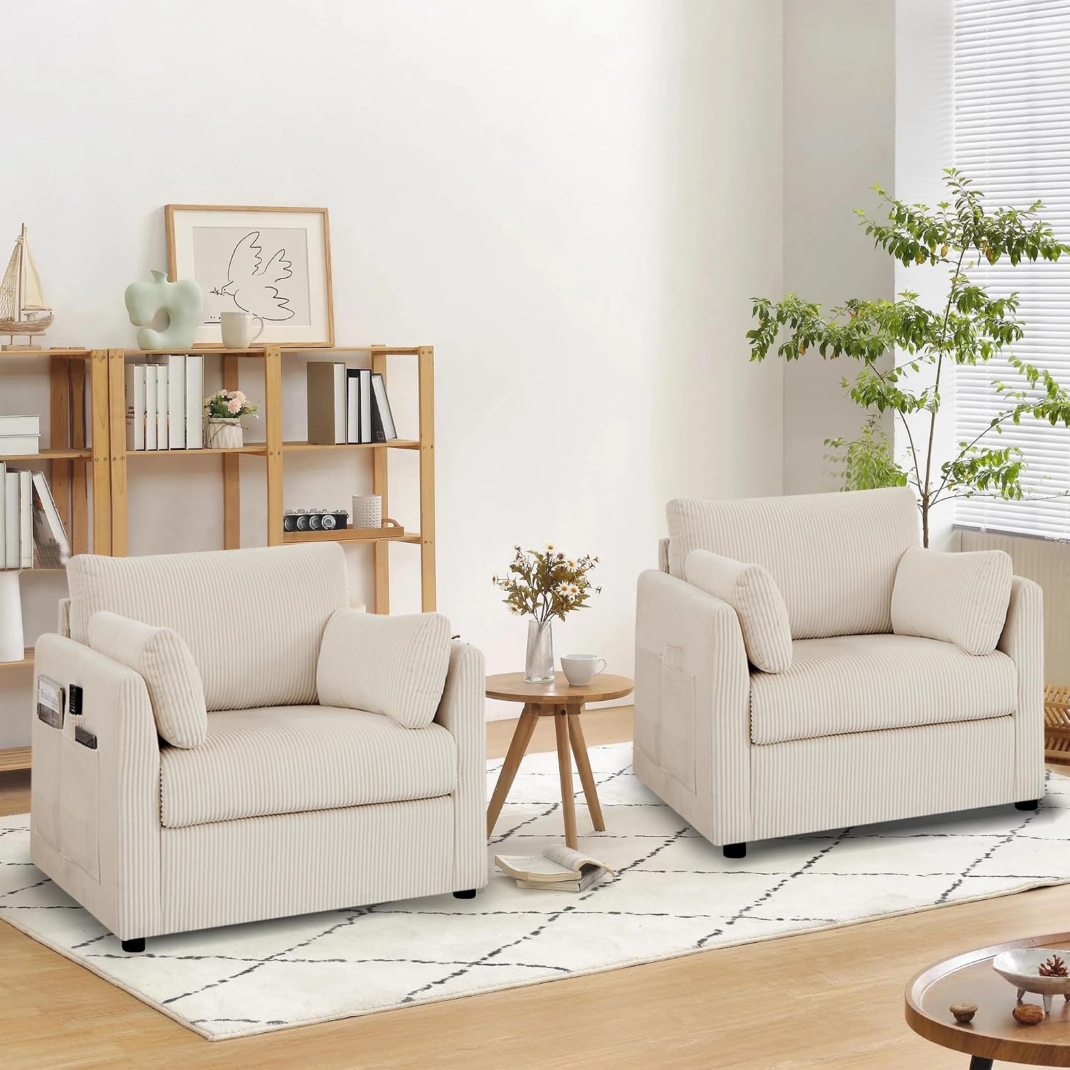 Mofolit Accent Chair Set of 2 Living Room Chairs in Corduroy Fabric,Reading Chair Sofa couches for Apartment Bedroom and Small Spaces. (Beige, 2 Chairs)