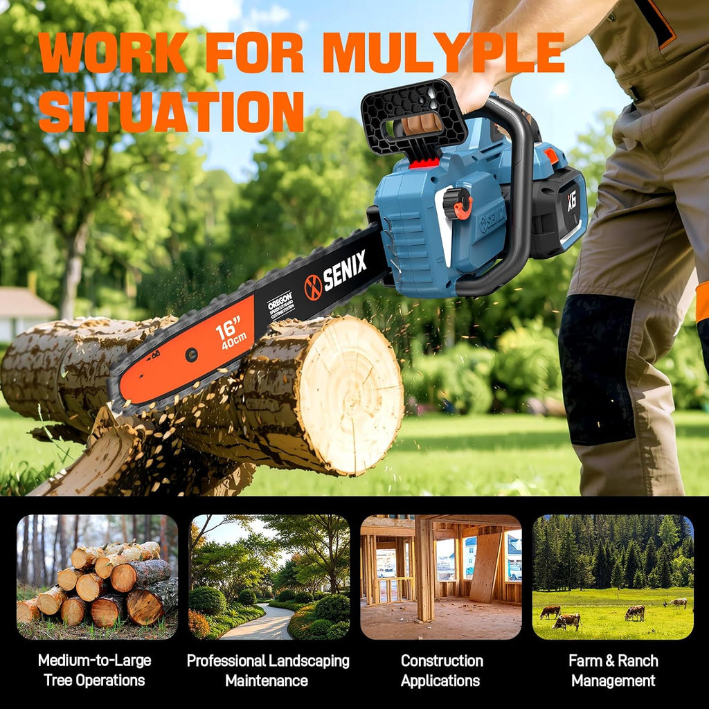 SENIX Chainsaw|60V 16' Battery Chainsaw|Brushless Electric Chainsaws|Cordless Chain Saw with 4Ah Battery & Charger|Garden Tool for Trees, Pruning, Branch Trimming, Best Gifts for Man, CSX6-M