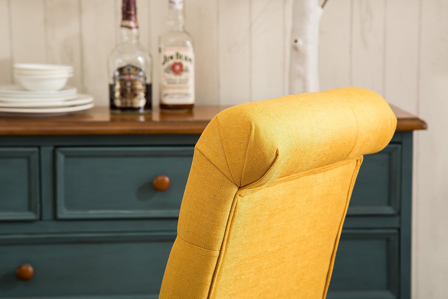 Roundhill Furniture Habit Solid Wood Tufted Parsons Yellow Dining Chair, Set of 2,