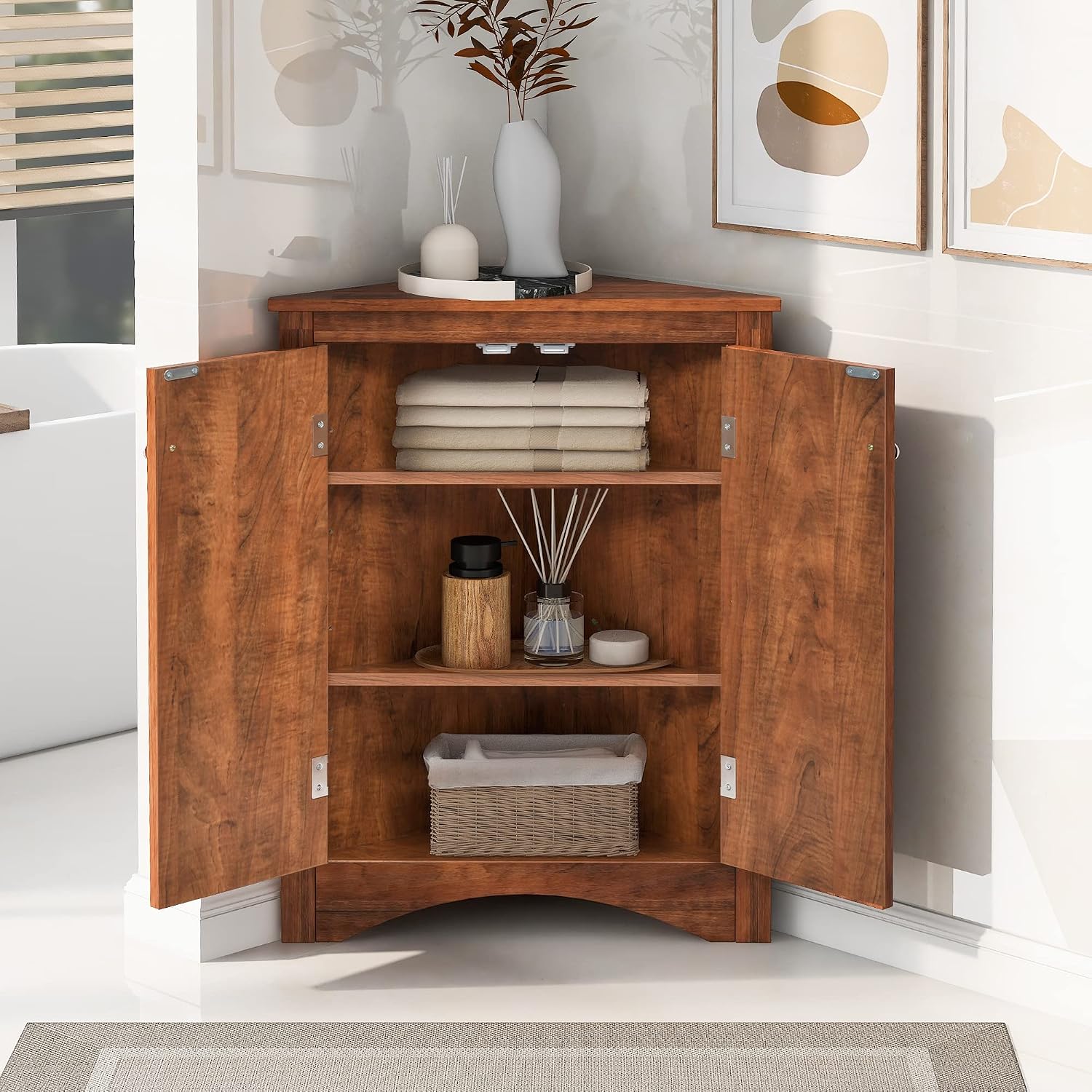 Corner Storage Cabinet with Two Doors for Bathroom, Living Room or Kitchen, Adjustable Shelf, Freestanding Floor Space Saver, Brown