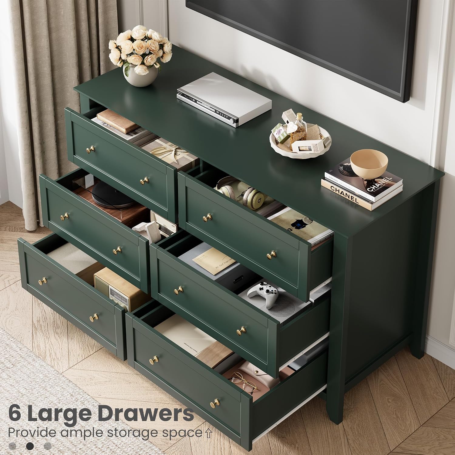 IDEALHOUSE Green 6 Drawer Dresser for Bedroom, 54' Wide Dresser with Deep Drawers & Metal Knobs, Modern Large Wooden Chests of Drawers for Entryway, Hallway