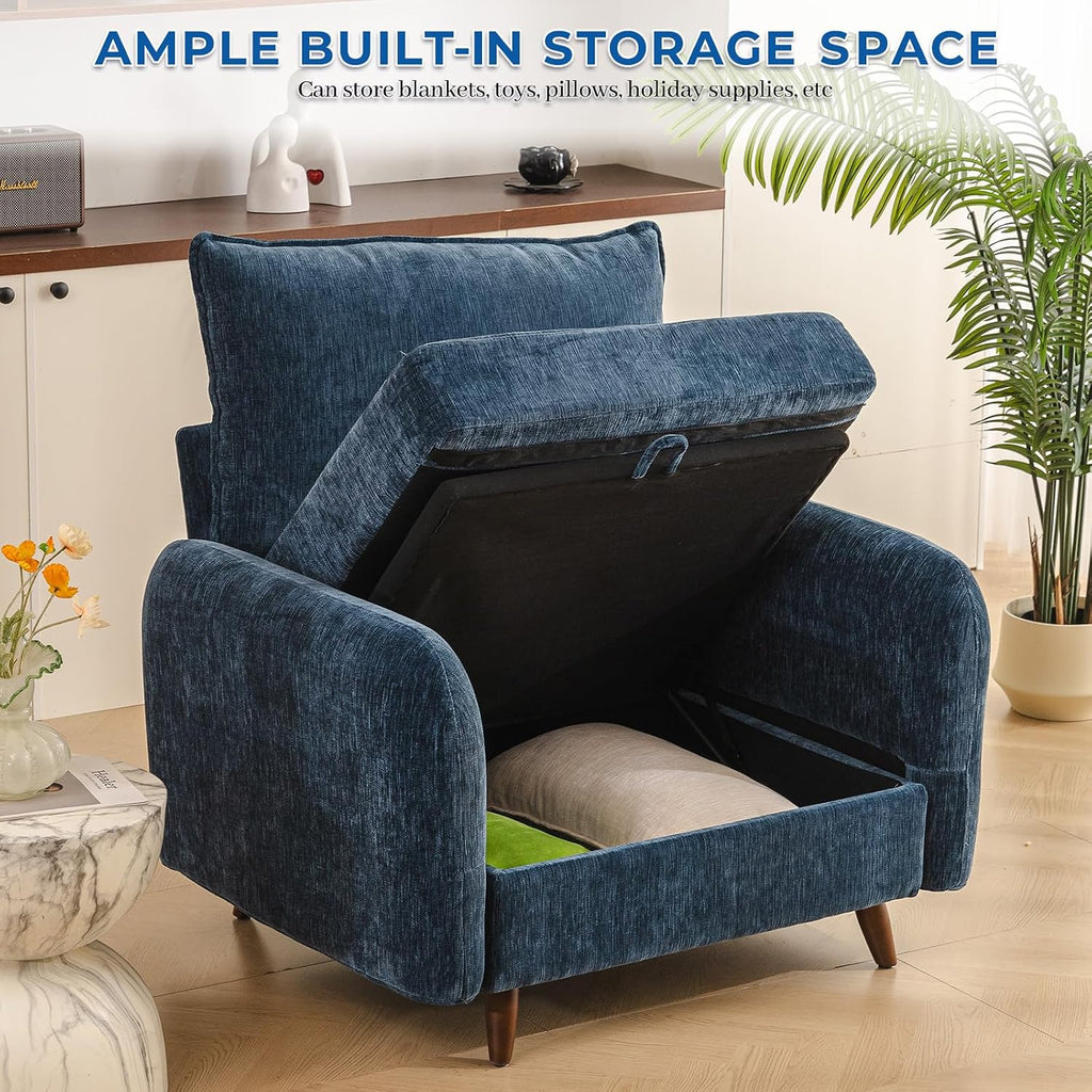 Rexulqo Oversized Accent Chair with Seats Storage,Comfy Living Room Chairs with 2 Throw Pillow,Upholstered Mid-Century Armchair,24.5'' Deep Seat,Big Reading Chair for Bedroom,Office,Chenille,Blue
