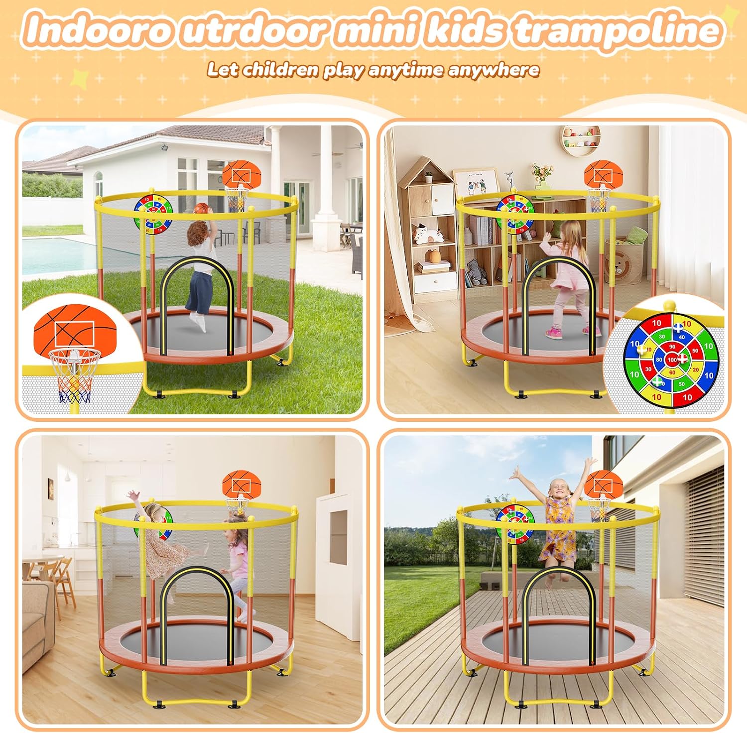 6FT Indoor Trampoline for Kids Ages 1-8, 72' Mini Toddler Indoor & Outdoor Trampoline with Safety Enclosure Net, Basketball Hoop & Dart Board, Birthday Gifts for Boys & Girls, Baby Toddler