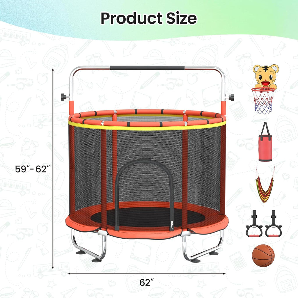 60' Trampoline for Kids,5FT Adjustable for Toddler Trampoline with Enclosure Net,Trampolines Indoor/Outdoor with Basketball Ball& Toys for Boys & Girls