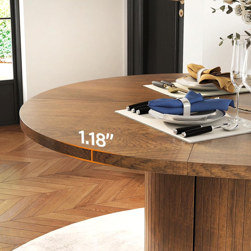 43-59 inch Extendable Round Dining Table with 2-Tier Hidden Storage Shelf,Space Saving Wood Kitchen Table for Small Spaces, Seats 4-6, Mid-Century Modern Oval Design, Brown