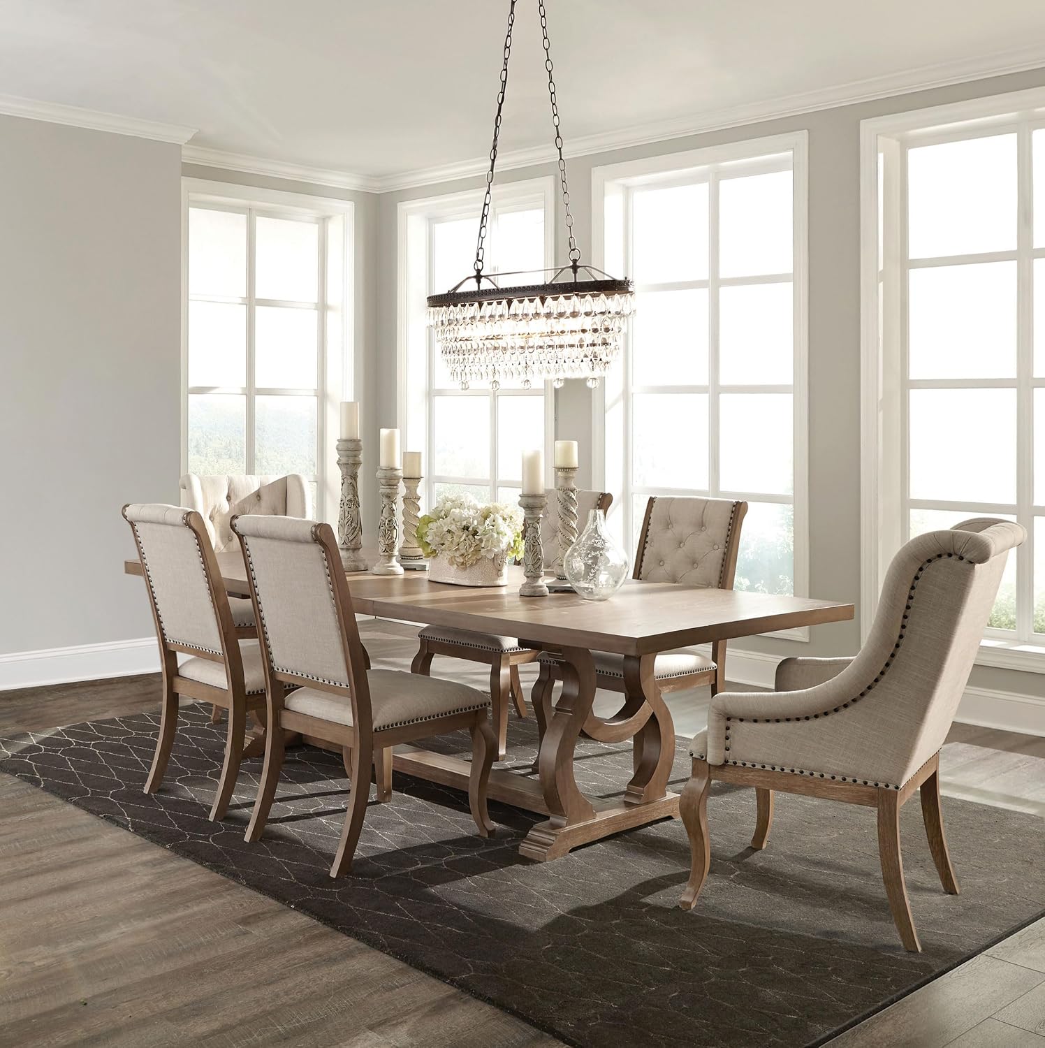 Coaster Home Furnishings - Brockway - 7-Piece Wood Dining Table Set - Double Pedestal Base, Table with Extension Leaf, Button-Tufted Chairs with Nailhead Trim - Dining Room - Barley Brown - 110291-S7