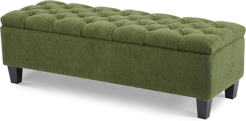 Christopher Knight Home Ottilie Boucle Fabric Storage Ottoman Bench, Wooden Rectangular Ottoman with Storage, Bedroom End of Bed Foot Stool, Entryway Ottoman Footrest, Living Room Extra Seat, Green
