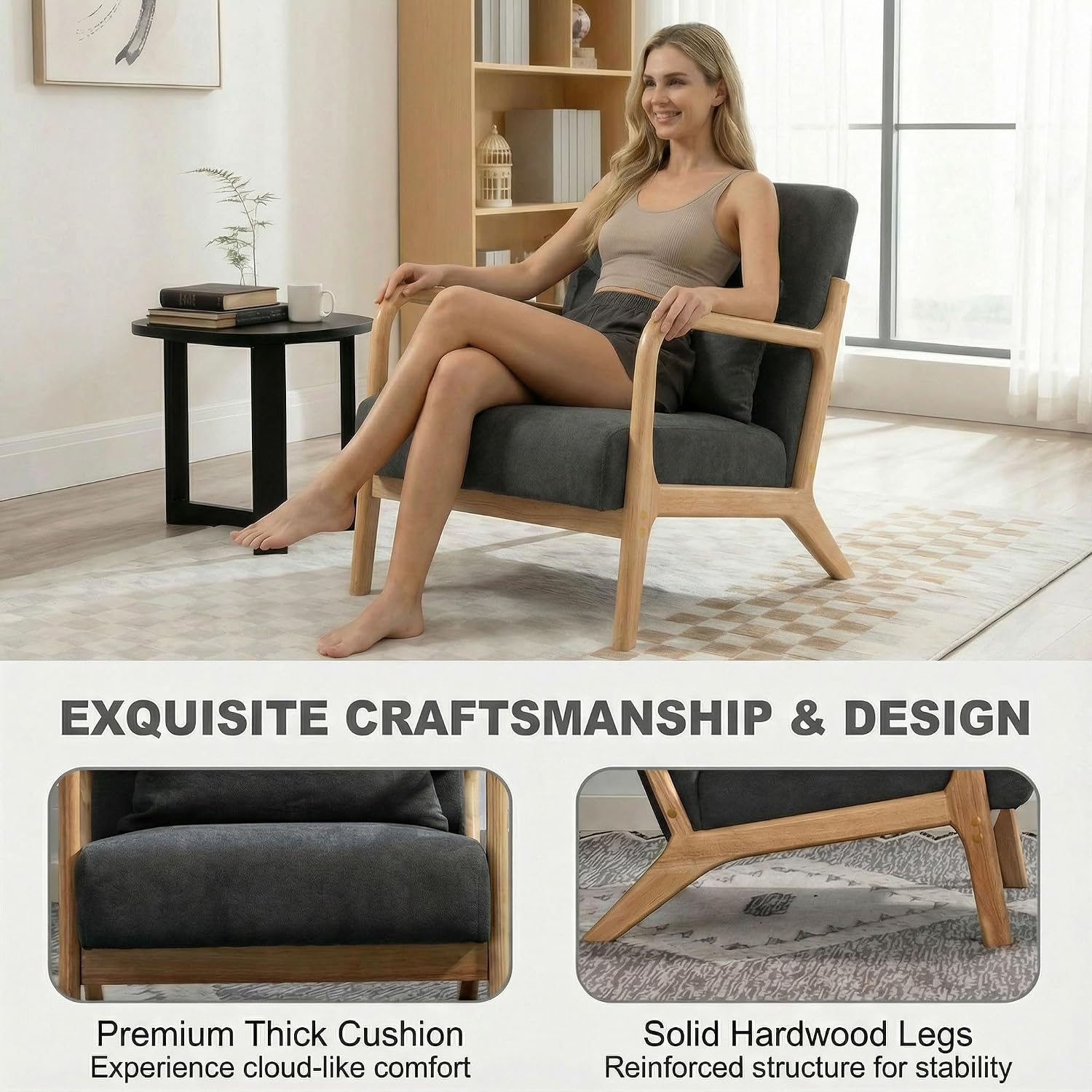 Mid Century Modern Accent Chair with Wood Frame and Linen Fabric Upholstery, Comfortable Lounge Armchair with Pillow, Wooden Accent Chair for Living Room, Bedroom, or Reading Corner