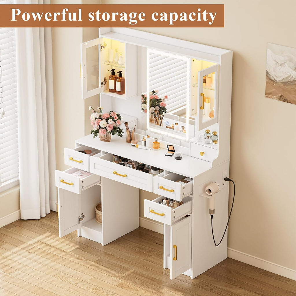 Modern Vanity Desk with Mirror, LED Lights and Power Outlet, Large Makeup Table Set with Drawers & Display Cabinets, White Dressing withfor Bedroom