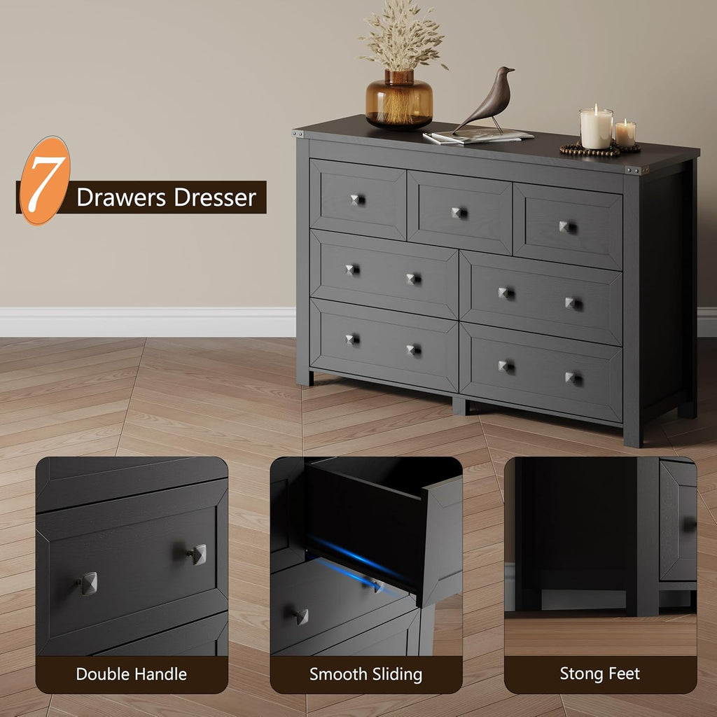 7 Drawer Dresser for Bedroom, Farmhouse Wood Chest of Drawers, Wide TV Stand Closet Storage Furniture with Metal Handle, Modern Wooden Clothes Organizer for Hallway, Living Room, Entryway, Black